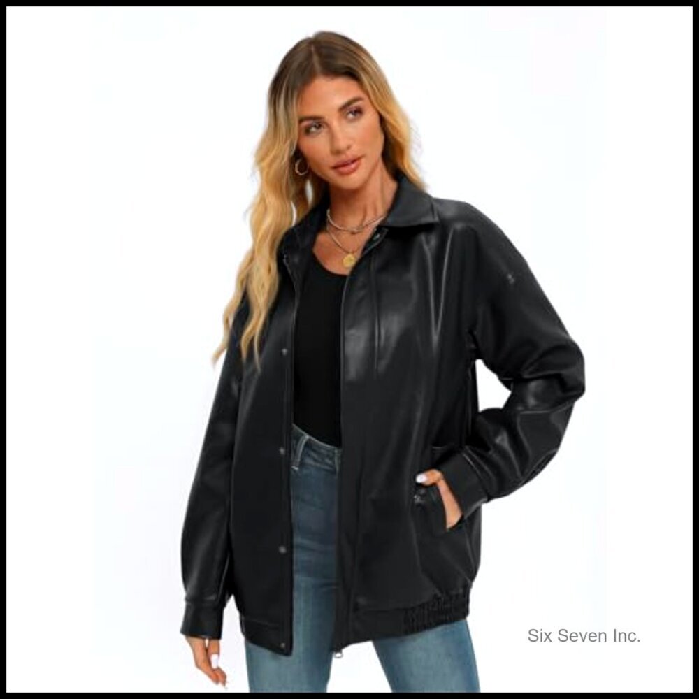 Oversized Faux Leather Biker Jacket Zip Up Motorcycle Style Y2K Trendy - Picture 2 of 5